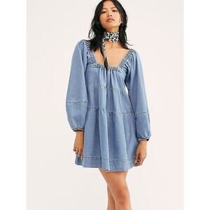 Free People Lou Jean Tiered Babydoll Dress New Small Puff Sleeves Square Neck